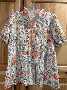 Cherry Betty Cottagecore Boho Floral Popover Top with Mandarin Collar Size S